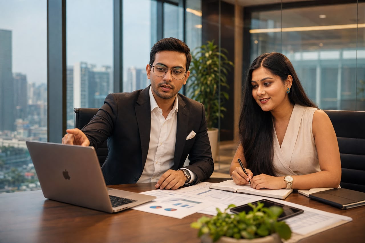 Two professionals reviewing AI strategy and course materials together in a modern corporate office